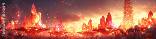 Majestic Fantasy Landscape with Glowing Crystal Kingdoms at Sunset - Mystical Floating Islands, Surreal Structures, and Enchanting Horizons in Vibrant Colors