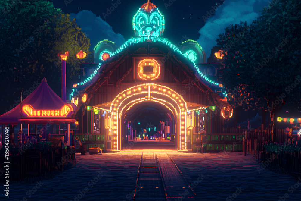 Fototapeta premium Vintage carnival funhouse glowing with neon lights