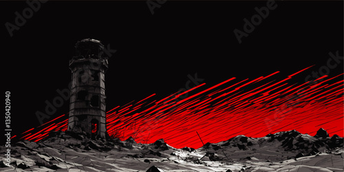Dramatic Vector Illustration of an Abandoned Lighthouse Against a Red Sci-fi Sky on Rocky Terrain - Perfect for Digital Art, Apocalyptic, and Atmospheric Themes