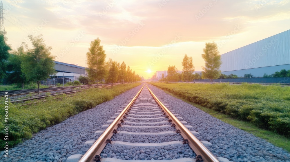 Fototapeta premium Empty train tracks stretching into a golden sunset. Lush green vegetation borders the tracks, and industrial buildings are visible in the background. Peaceful and tranquil scene