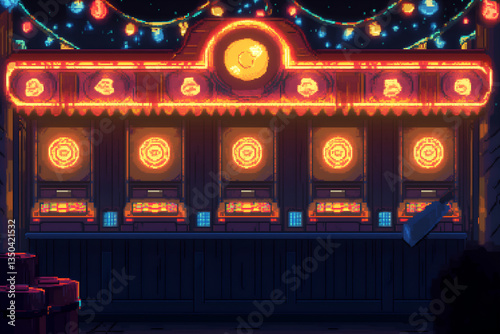 Vintage carnival shooting gallery glowing at night