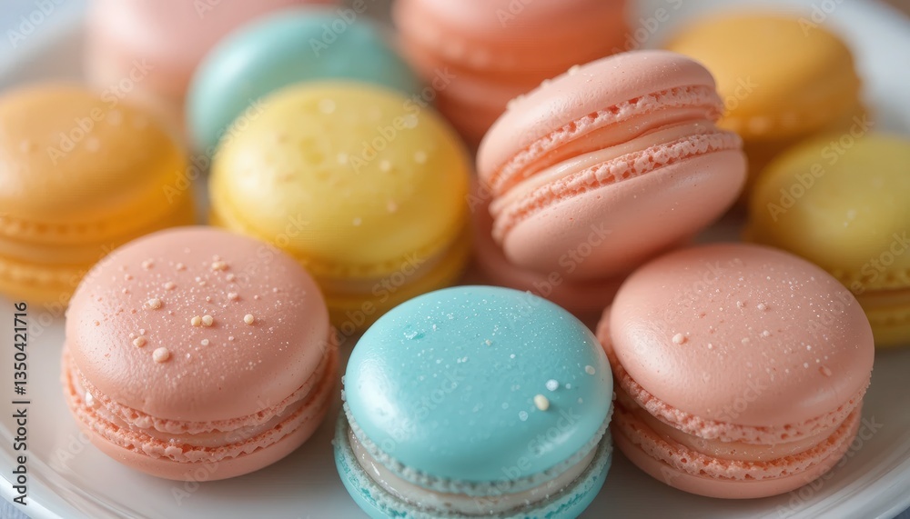 Obraz premium Pastel Macarons on White Plate, Closeup - Pastel Colors: The image .