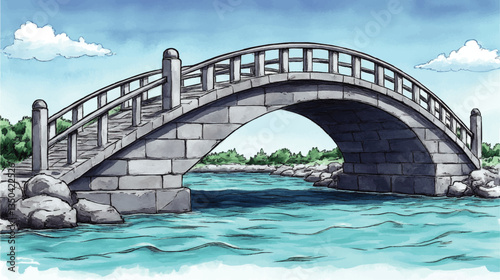 Historic Stone Arch Bridge Over Serene River With Vibrant Blue Sky and Fluffy Clouds - Detailed Vector Illustration of Scenic Nature Landscape