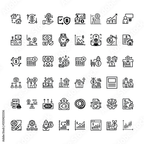 Investment related  icons set with various symbols and elements in a doodle style