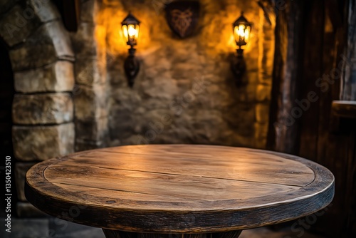 Empty round wooden table illuminating medieval tavern interior