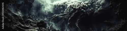 Mysterious Underwater Landscape with Dark Rock Formations and Surreal Bubble Clouds - Explore Deep Sea Environments and Atmospheric Oceanic Art