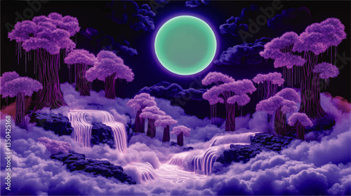 Surreal Purple Forest Vector Art with Luminescent Waterfalls and Glowing Full Moon in Fantasy Cloudscape: Enchanting Nighttime Nature Illustration