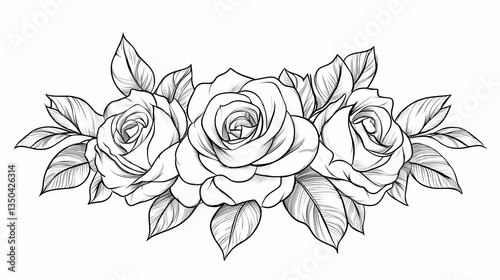 Three roses bouquet, line art drawing, white background, floral design, wedding invitation