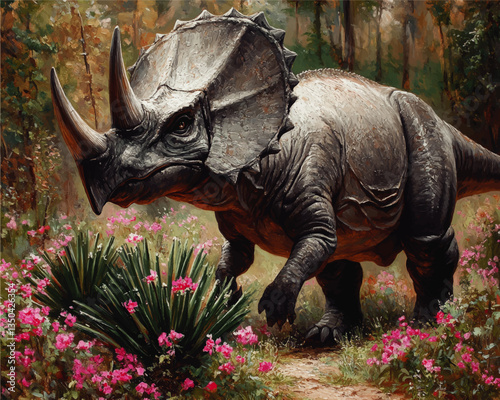 Majestic Triceratops in Vibrant Prehistoric Forest with Lush Pink Flowers | Intricate Dinosaur Vector Art in Lush Wilderness | Incredible Wildlife Illustration