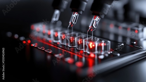 Wallpaper Mural Precise automated lab equipment dispensing liquid reagents into microplates.  Detailed close-up view of the process Torontodigital.ca