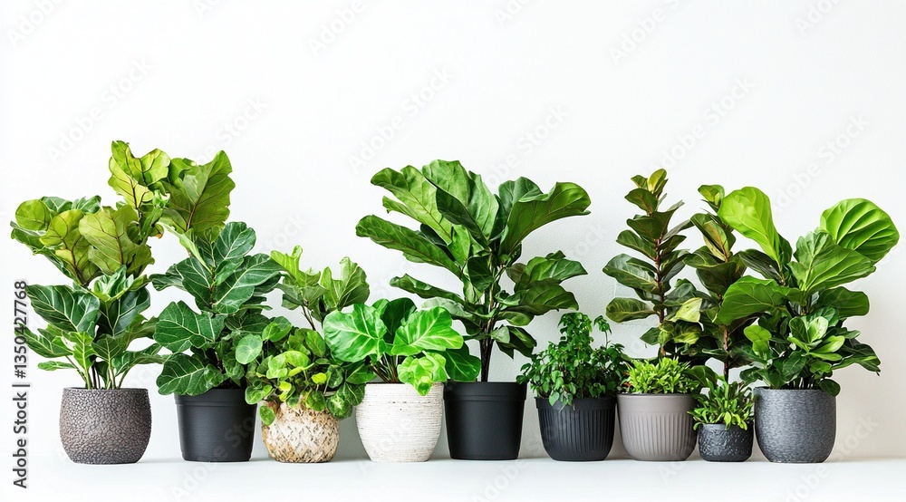 Fototapeta premium Various potted plants in a row against white wall.