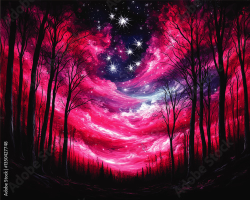Breathtaking Mystical Forest Scene with Stunning Pink and Purple Sky Filled with Bright Stars Creating a Surreal Dreamlike Atmosphere in Digital Vector Art