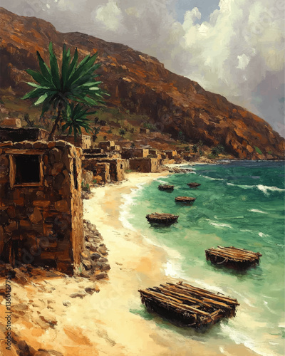 Scenic Coastal Village Landscape with Rustic Boats along a Sandy Shoreline and Lush Palm Trees Against Majestic Rocky Brown Mountains and Cloudy Skies Vector Art