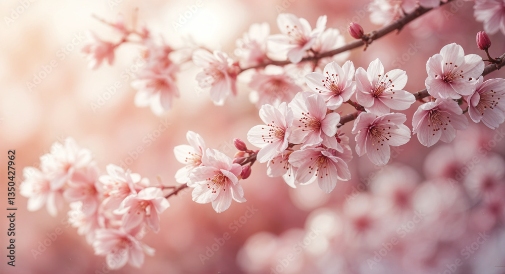 Blossoming Cherry Tree Branch Displaying Delicate Pink Flowers in Spring Sunlight Blossoming Cherry Tree Branch Displaying Delicate Pink Flowers in Spring Sunlight