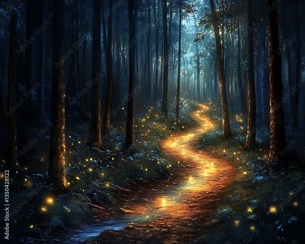 Fototapeta premium A glowing path winds through a mysterious forest setting at night