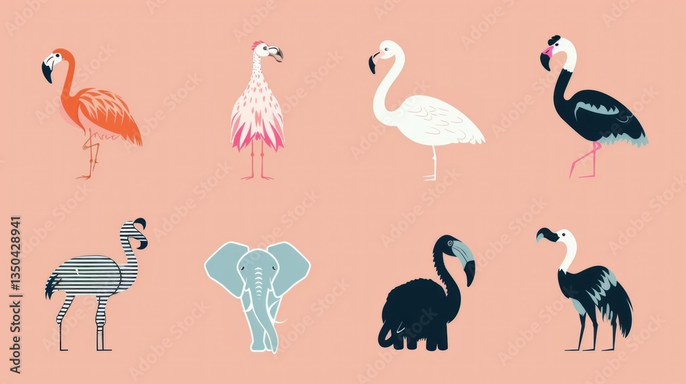 Obraz premium A set of flat, stylized exotic animals on a solid color background.