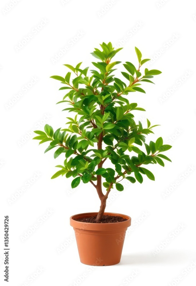 Obraz premium Small potted tree, lush green foliage, isolated on white, clean, vibrant