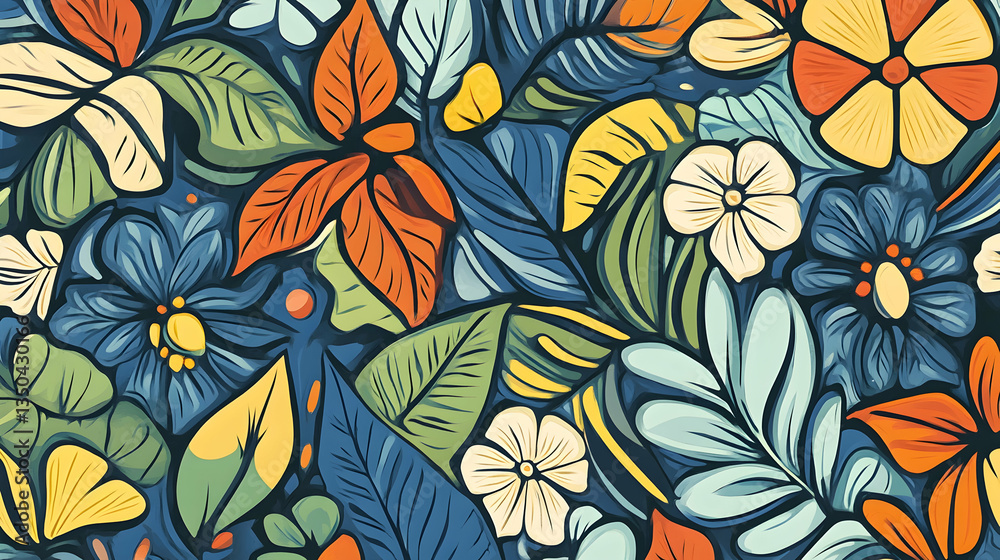 Vibrant floral pattern, tropical leaves, dark background, textile design Vibrant floral pattern, tropical leaves, dark background, textile design