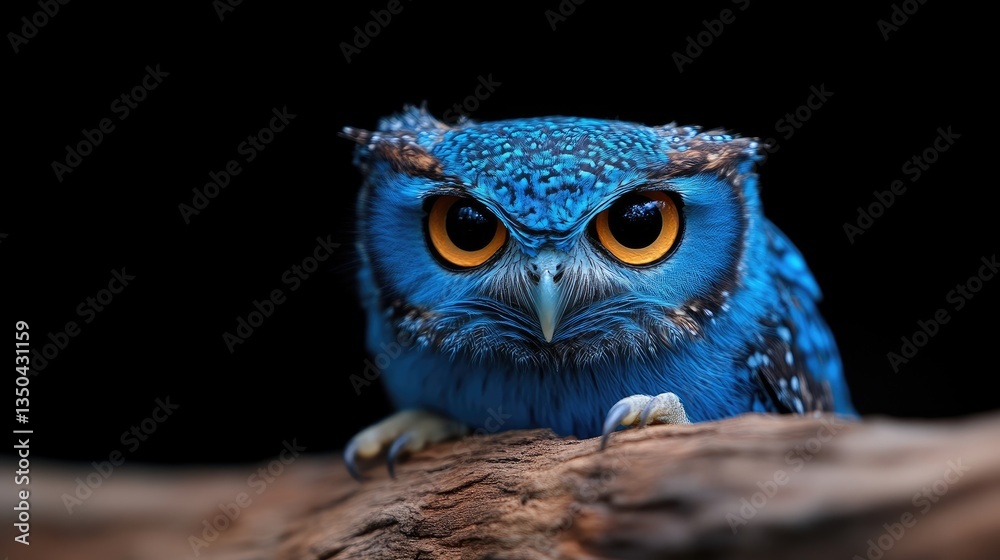 Fototapeta premium Close-up of a vibrant blue owl perched on a log