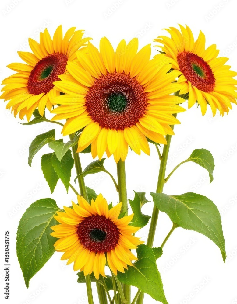 Fototapeta premium Vibrant sunflowers isolated on pure white backdrop, macro, nature, leaves