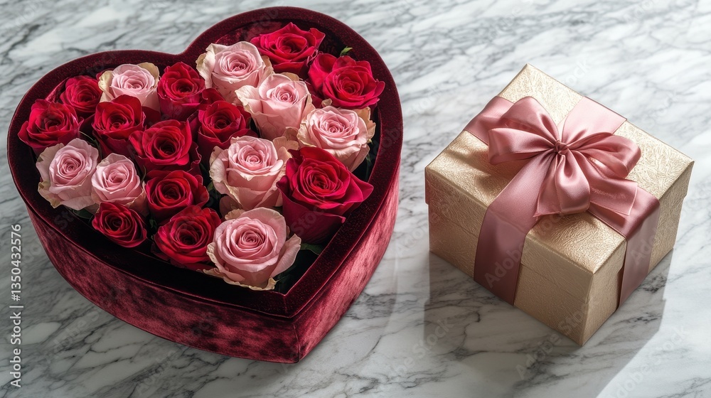 Heart-shaped velvet box overflowing with roses alongside a beautifully wrapped gift box, creating an atmosphere of luxury and romance Heart-shaped velvet box overflowing with roses alongside a beautifully wrapped gift box, creating an atmosphere of luxury and romance