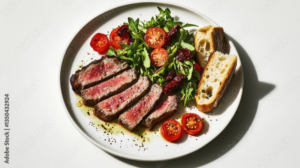 Elegant flat lay of thinly sliced steak and vibrant salad with cherry tomatoes, accompanied by artisanal sourdough bread on a minimalist backdrop Elegant flat lay of thinly sliced steak and vibrant salad with cherry tomatoes, accompanied by artisanal sourdough bread on a minimalist backdrop