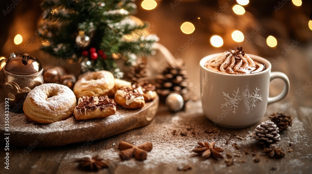 Delightful Christmas breakfast table featuring cozy hot cocoa, mouthwatering pastries, and a charming tree centerpiece amidst twinkling lights Delightful Christmas breakfast table featuring cozy hot cocoa, mouthwatering pastries, and a charming tree centerpiece amidst twinkling lights