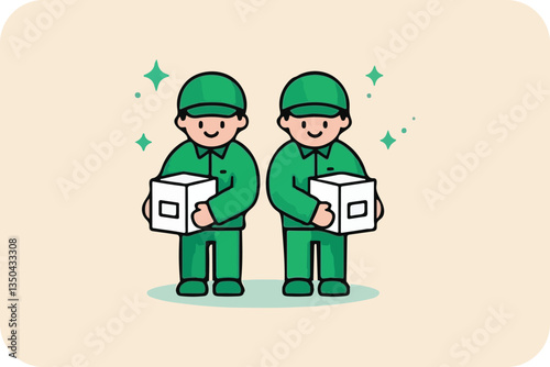 Efficient Delivery Service Illustration: Two Couriers in Green Uniforms with Packages and Sparkling Background