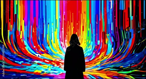 Silhouette of a girl with a rainbow, woman in front of giant screen with rainbow colors, female standing before big screen displaying rainbow colors generative AI