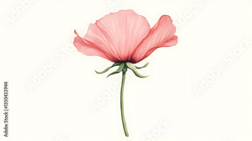 Pink flower, stem, delicate petals, white background, botanical illustration, perfect for greeting cards
