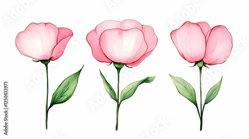 Pink flower illustration, botanical design, white background, for greeting cards