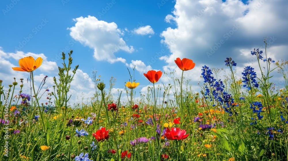 Vibrant wildflowers dance in a sprawling green meadow beneath a bright blue sky, celebrating the beauty of nature and our planet's rich biodiversity Vibrant wildflowers dance in a sprawling green meadow beneath a bright blue sky, celebrating the beauty of nature and our planet's rich biodiversity