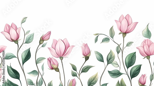 Pink magnolia blossoms, green leaves border, white background, floral design, website header