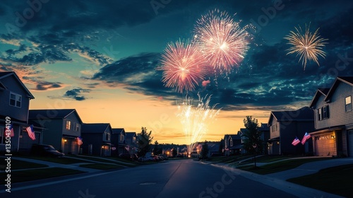 Fireworks burst over peaceful American suburb during vibrant 4th of July celebration with flags adorning homes