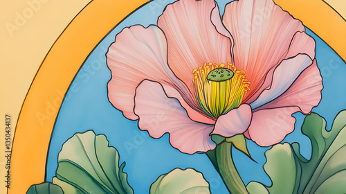 Pink poppy flower art deco style, pastel background, close-up detail, home decor