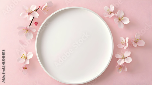 Pink spring blossoms around a white plate on a pink background; perfect for food or product display