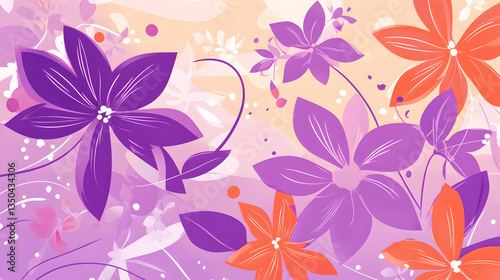 Purple and orange stylized flowers, spring background, floral design, website header