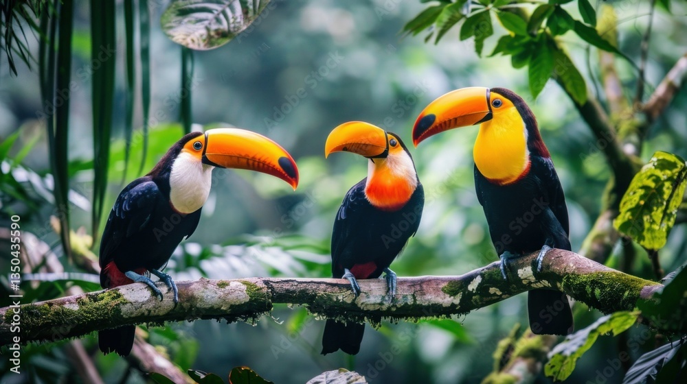 Obraz premium A vibrant rainforest in Costa Rica with exotic animals like toucans, monkeys, and sloths.