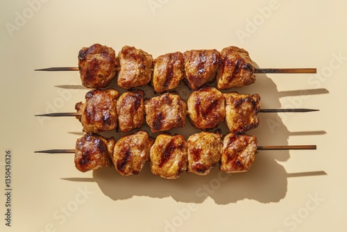 Grilled Chicken Skewers, Brochettes on Neutral Background, Top-Down View, Hard Shadows, Appetizing, Delicious Food, Meal, Barbecue