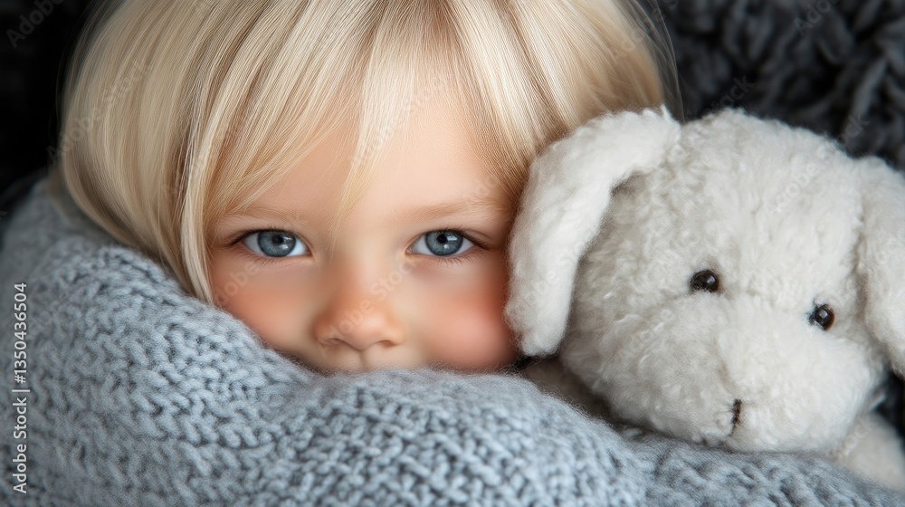 Child cuddled in soft knit, close-up with teddy bear Child cuddled in soft knit, close-up with teddy bear