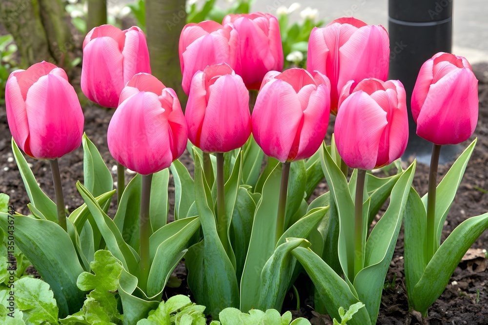 Fototapeta premium Vibrant Pink Tulips Blooming in Garden Bed