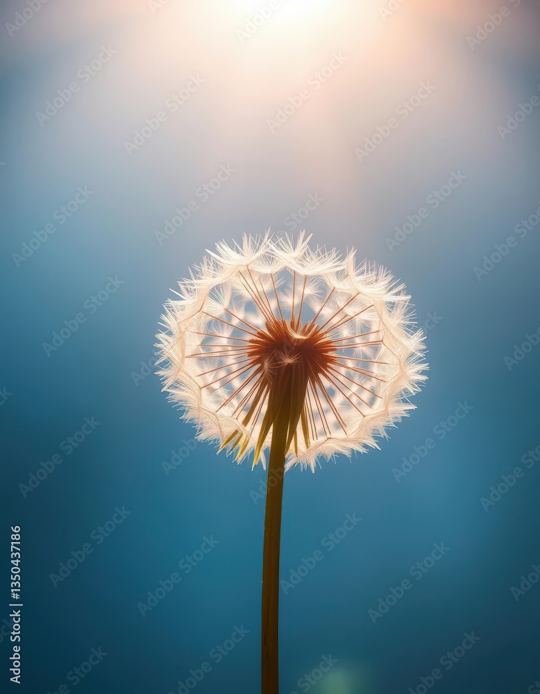 Obraz premium Delicate dandelion, sunlit, against abstract blue, fragile beauty, stock photo, sunrays, sunlight