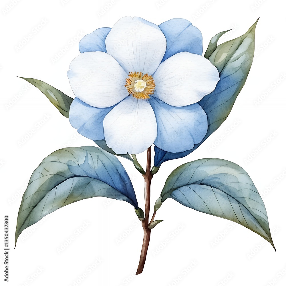 Obraz premium Light Blue Watercolor Flower with Green Leaves on White Background