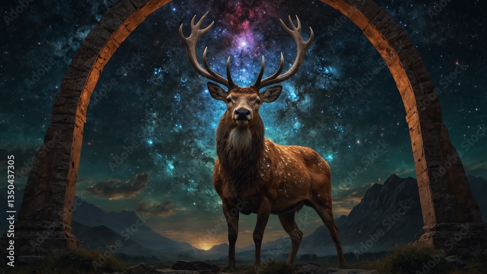 Fototapeta premium A divine stag with celestial markings, standing beneath an ancient cosmic gateway.