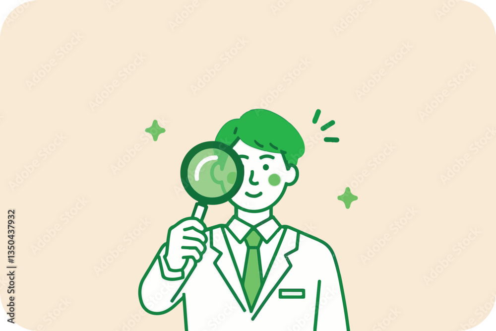 The Explorer's Gaze: A charming cartoon doctor peers through a magnifying glass, hinting at close observation, examination, and scientific exploration The Explorer's Gaze: A charming cartoon doctor peers through a magnifying glass, hinting at close observation, examination, and scientific exploration