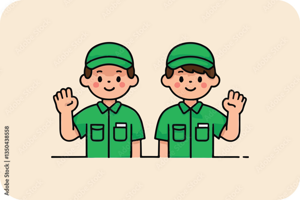 Friendly Delivery Duo: Two cheerful delivery workers in uniform wave hello, ready to provide efficient service, their friendly demeanor promising reliable support. Friendly Delivery Duo: Two cheerful delivery workers in uniform wave hello, ready to provide efficient service, their friendly demeanor promising reliable support.