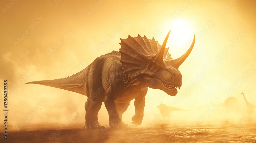 Fototapeta premium Magnificent Pentaceratops standing middle of vast prehistoric plain massive horned frill casting imposing silhouette against rising sun Dust swirls air wind carries distant sounds of other dinosaurs