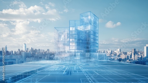 Futuristic glass building cityscape, technology, transparent design, digital architecture