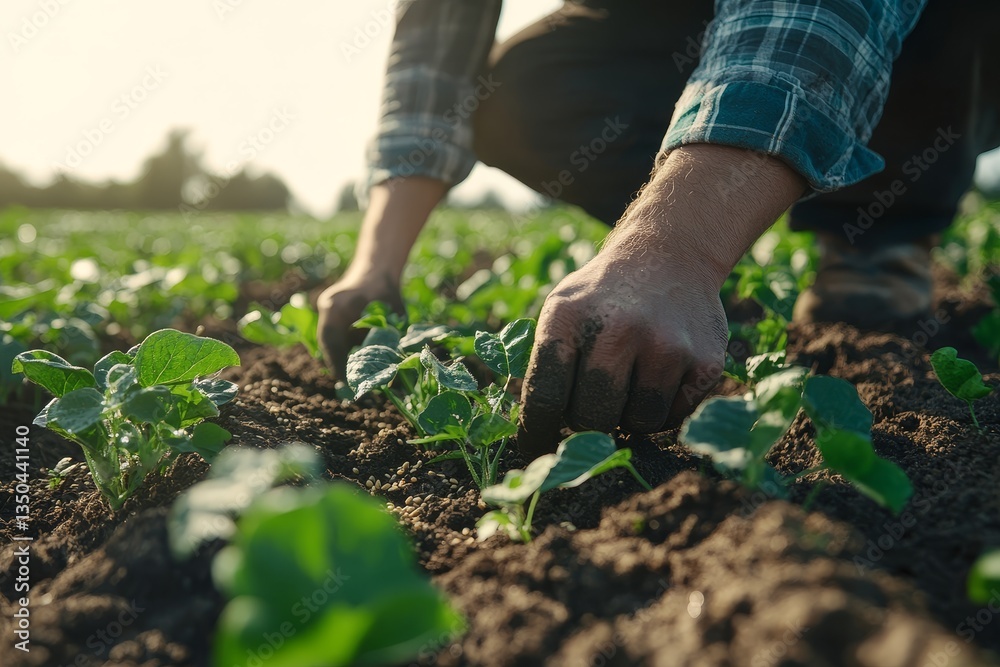 Fototapeta premium Close-up of a Dedicated Farmer's Hands Carefully Tending to Young Vegetable Seedlings in a Lush Farm Field at Sunrise.