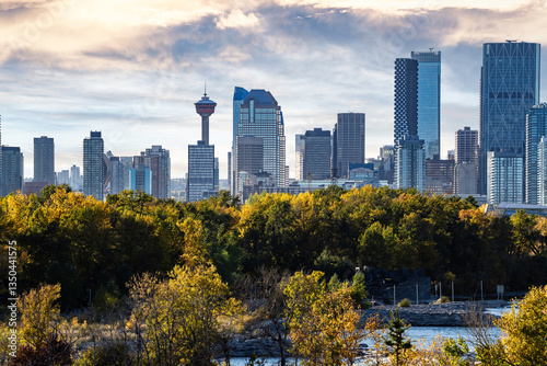 Calgary skyline during autumn overlooking popular landmarks and Bow River in Alberta Canada..